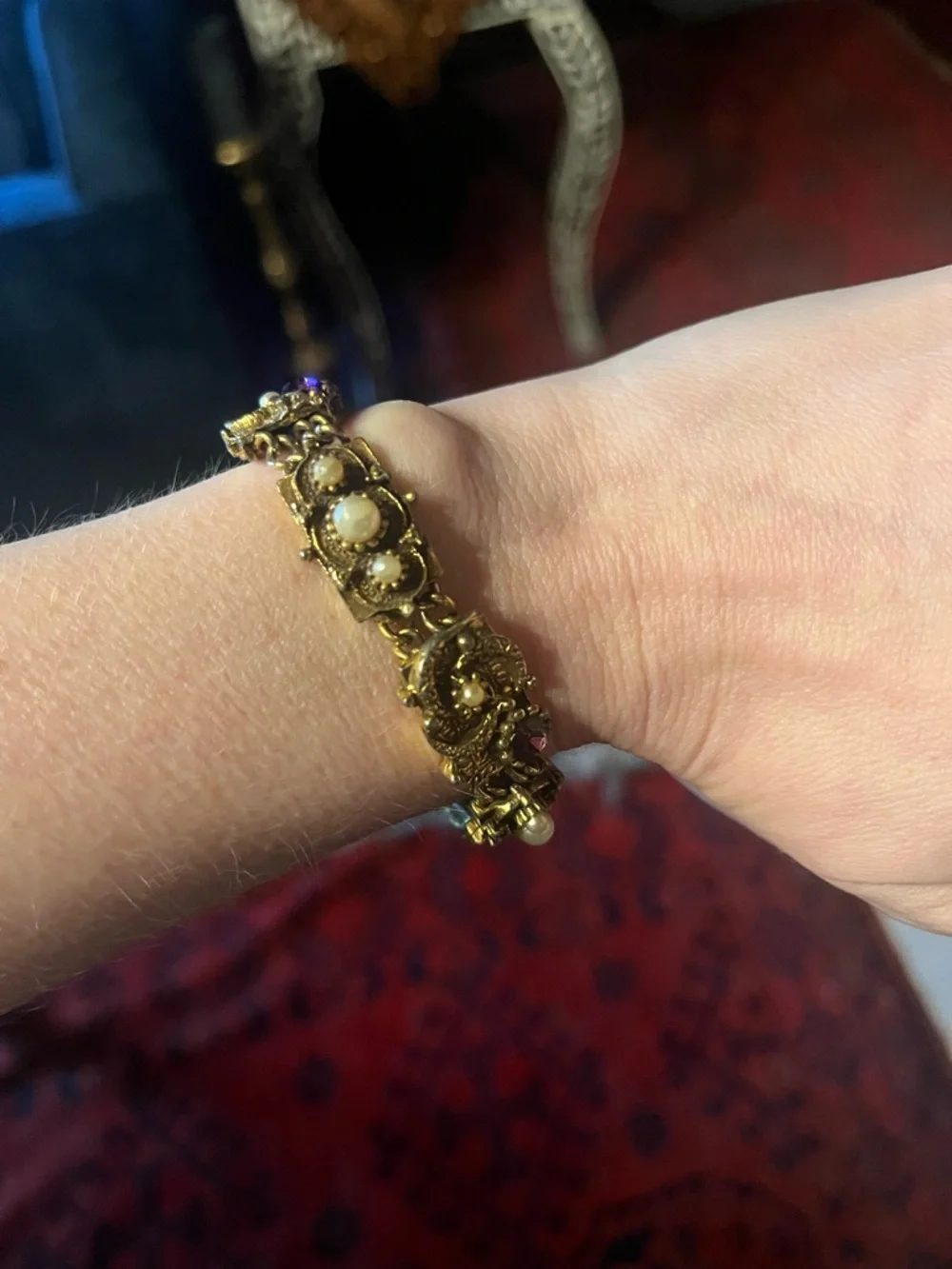 Vintage Gold Pearl & Purple Stone Bracelet